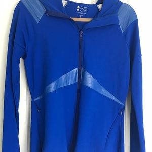 Form-fitting hooded jacket w/thumbholes.